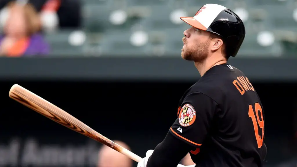 Baltimore Orioles first baseman Chris Davis takes a swing during game one of a baseball game against the New York Yankees