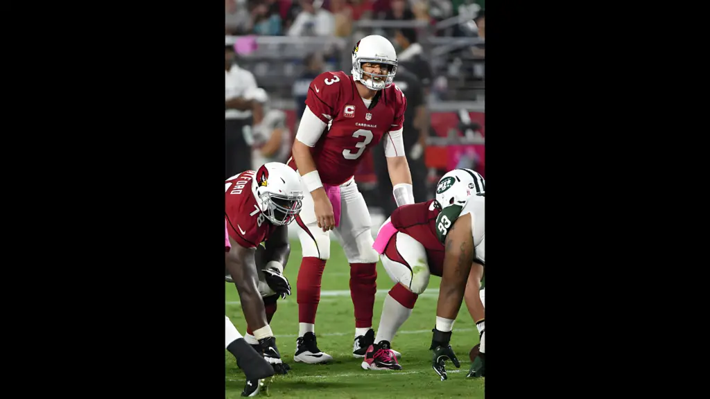 Arizona Cardinals quarterback Carson Palmer calls out signals at the line of scrimmage against the New York Jets