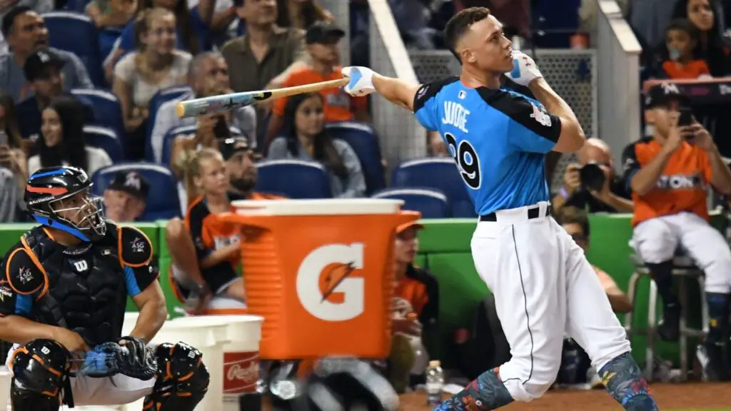 New York Yankees slugger Aaron Judge watches the winning home run during the Home Run Derby