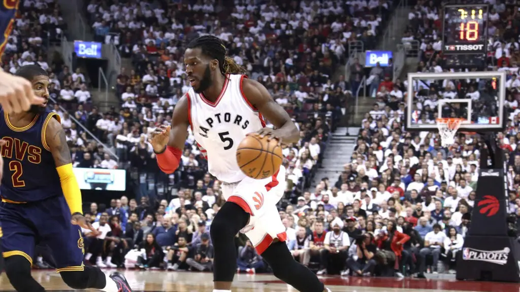 Toronto Raptors player DeMarre Carroll handles the ball during the game against the Cleveland Cavaliers in Game Four of the Eastern Conference Semifinals during the 2017 NBA Playoffs