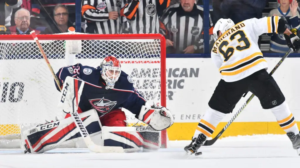 Boston Bruins player Brad Marchand attempts a shot on Columbus Blue Jackets goaltender Sergei Bobrovsky during a shootout 