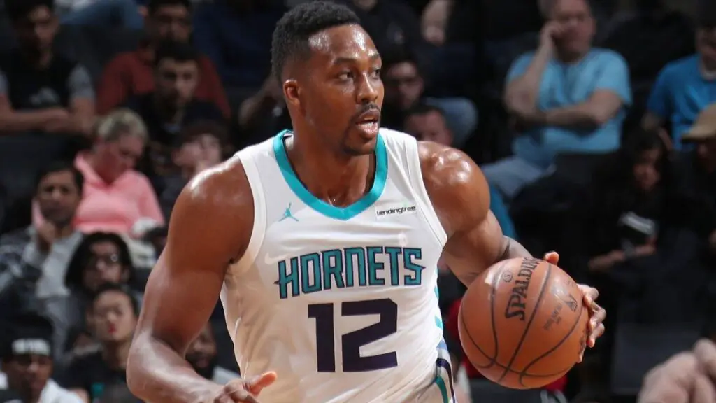 Charlotte Hornets center Dwight Howard handles the ball against the Brooklyn Nets