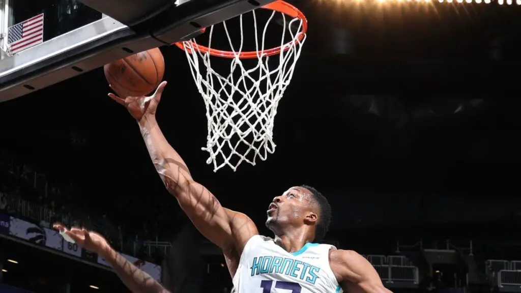 Charlotte Hornets center Dwight Howard grabs the rebound against the Brooklyn Nets