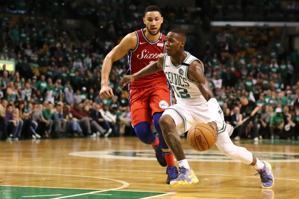 Terry Rozier goes to the basket as Ben Simmons attempts to guard him (Getty Images)
