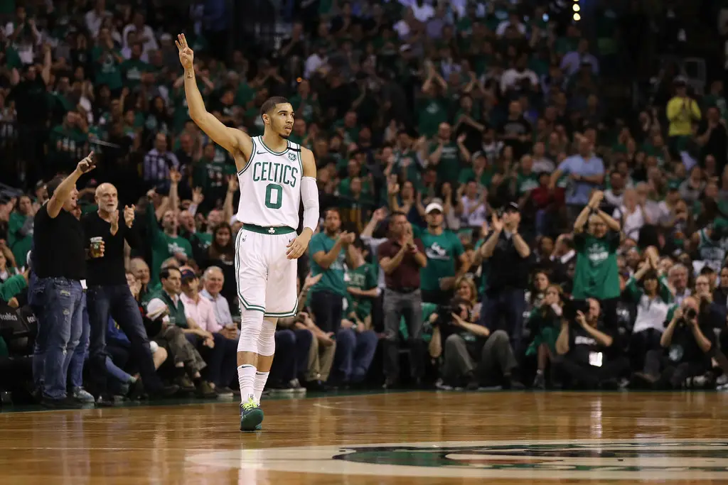 Jayson Tatum puts up three fingers after making a three-pointer (Getty Images)