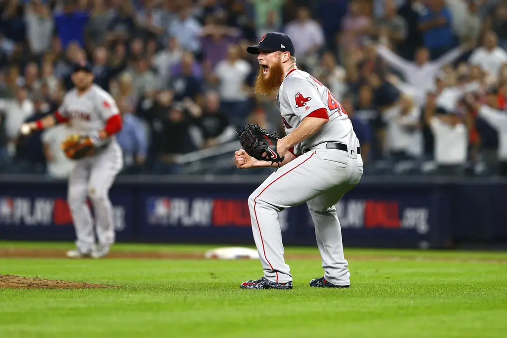 Boston Red Sox closer Craig Kimbrel celebrating the final out against the New York Yankees