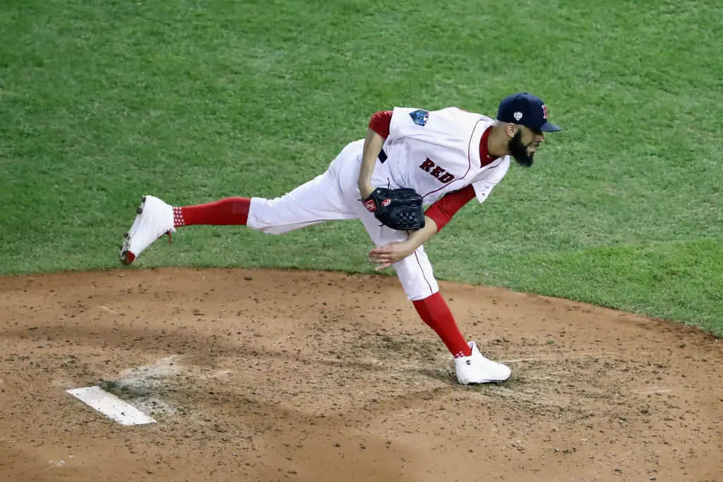 Boston Red Sox pitcher David Price pitching in the fifth inning against the Los Angeles Dodgers in Game 2