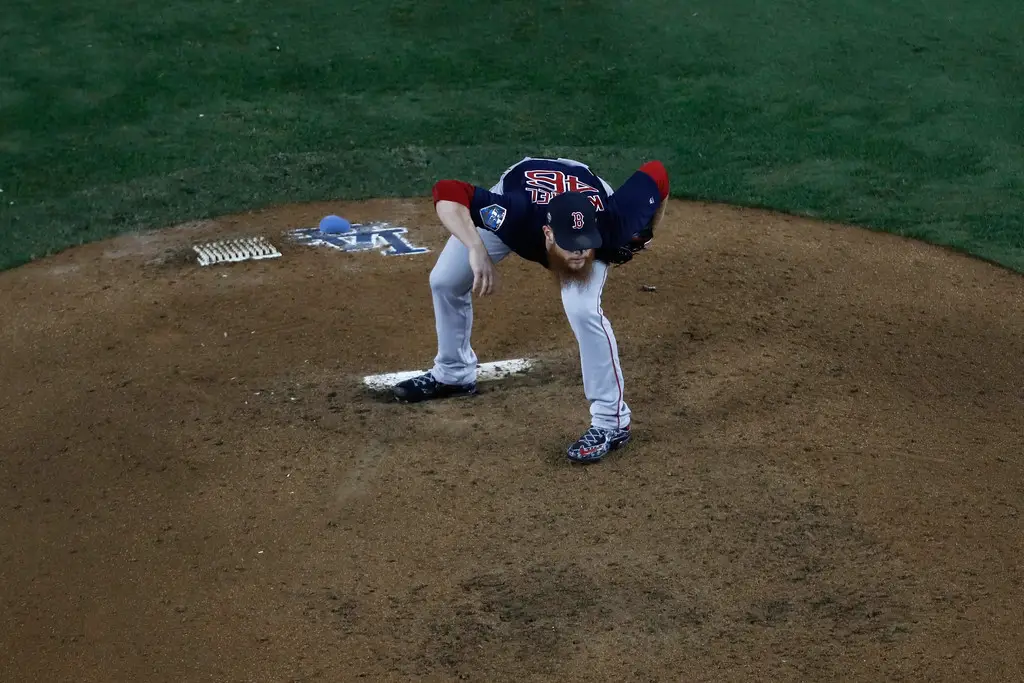 Former Boston Red Sox closer Craig Kimbrel pitching against the Los Angeles Dodgers in the World Series