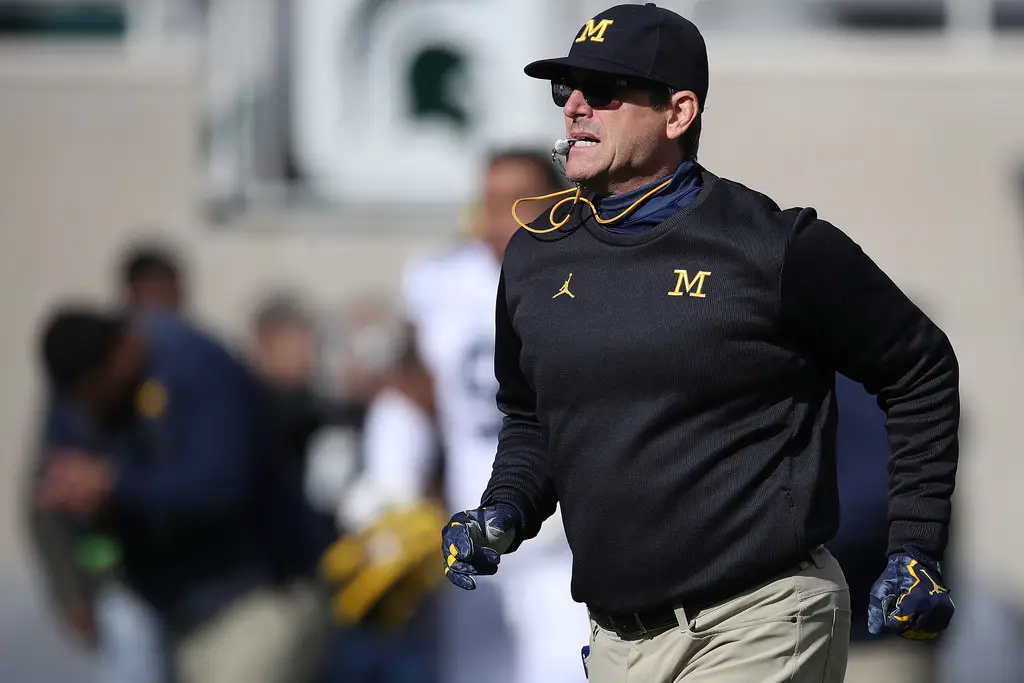 Michigan Wolverines head coach Jim Harbaugh looks on during warmups before the Michigan State Spartans game