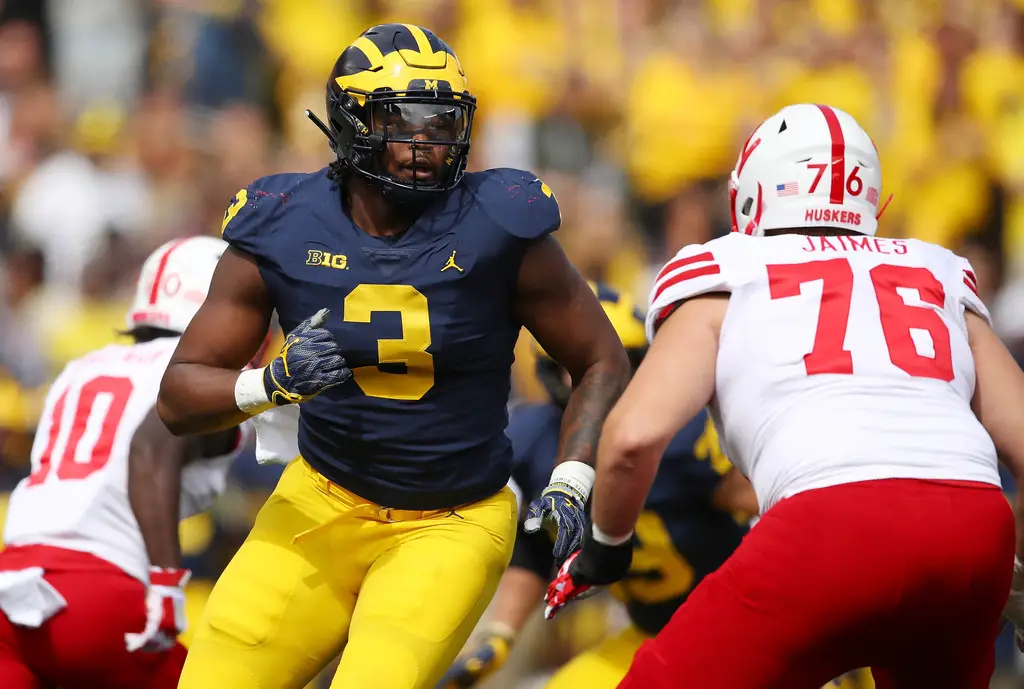 Michigan Wolverines defensive tackle Rashan Gary rushes the quarterback against the Nebraska Cornhuskers