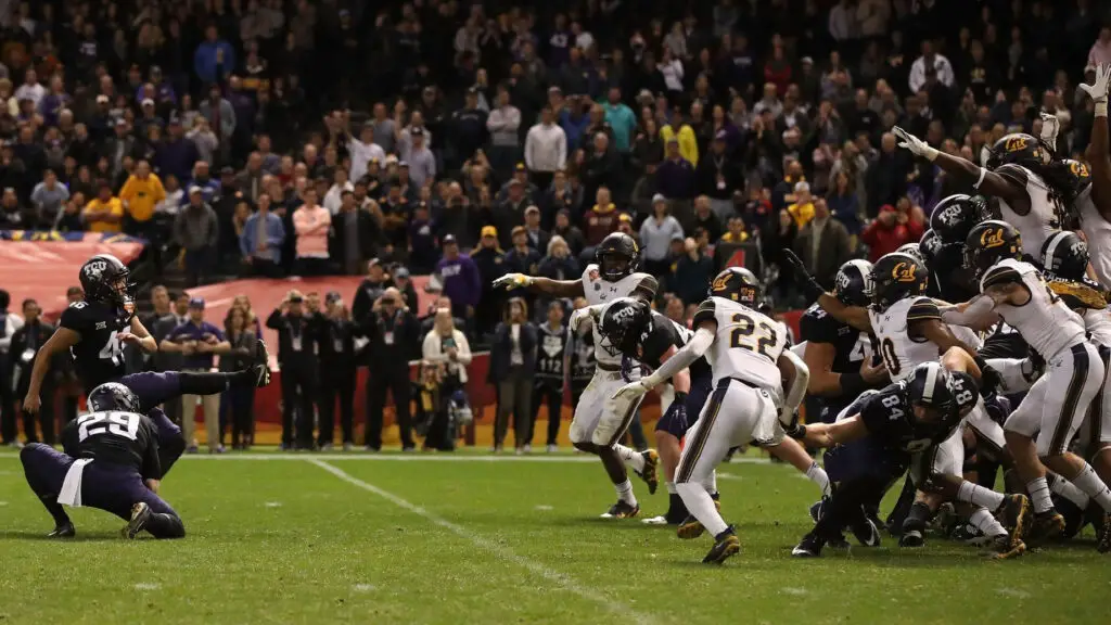 TCU Horned Frongs kicker Jonathan Song kicks the game-winning field goal in overtime of the Cheez-it Bowl