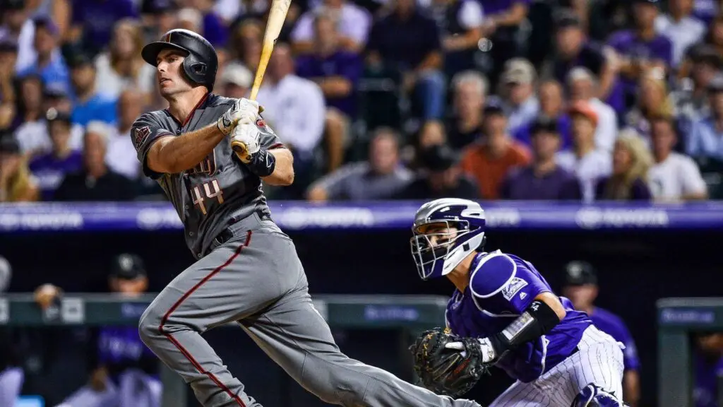 Arizona Diamondbacks first baseman Paul Goldschmidt hits an RBI groundout in the sixth inning of a game against the Colorado Rockies