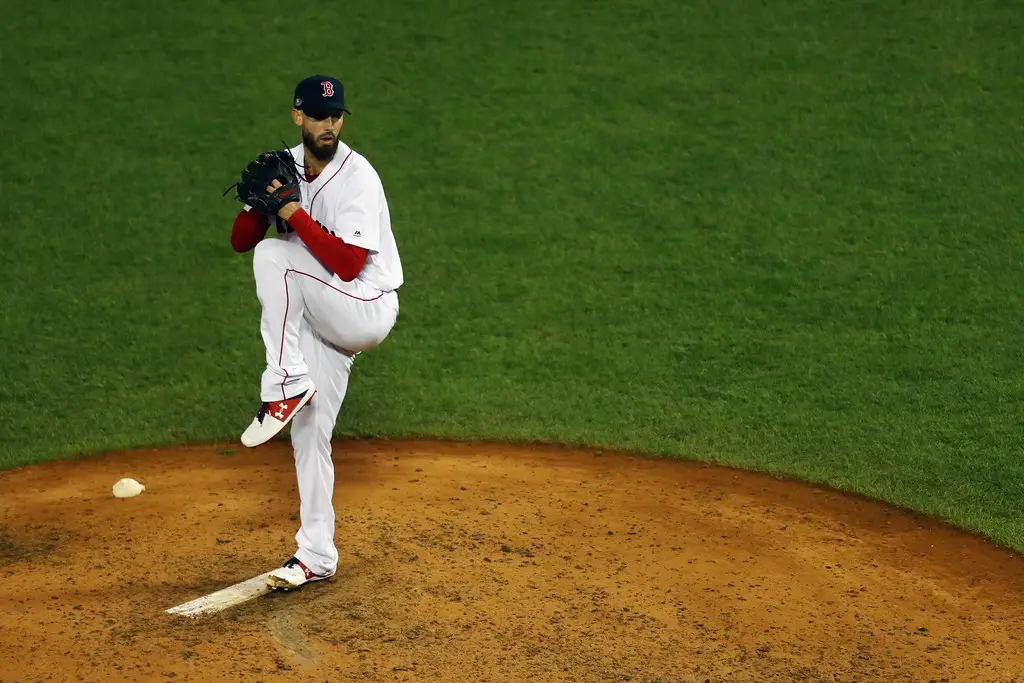 Boston Red Sox starting pitcher Rick Porcello pitching against the Houston Astros in the 2018 MLB playoffs