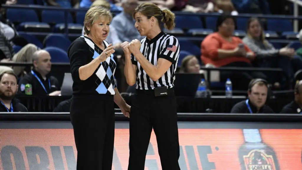 North Carolina Tar Heels Women's Basketball head coach Sylvia Hatchell argues a call during the ACC women's tournament game between the North Carolina Tar Heels and Boston College Eagles