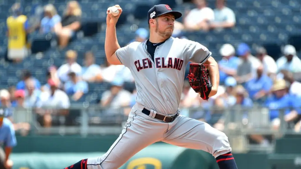Cleveland Indians pitcher Trevor Bauer throws against the Kansas City Royals in the first inning 