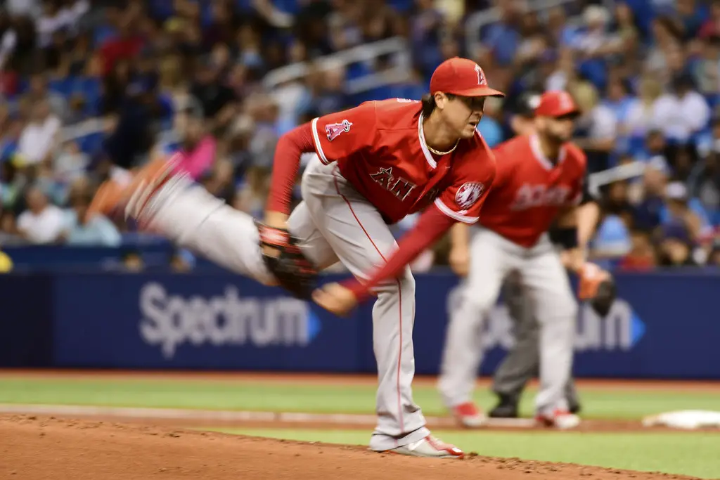 Former Los Angeles Angels pitcher Tyler Skaggs throws a pitch against the Tampa Bay Rays