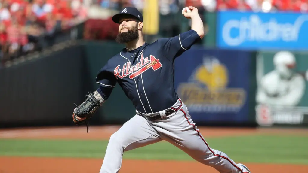 Former Atlanta Braves pitcher Dallas Keuchel delivers the pitch against the St. Louis Cardinals during the first inning in game four of the National League Division Series