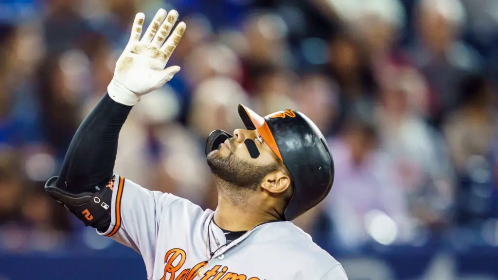 Former Baltimore Orioles player Jonathan Villar celebrates his home run against the Toronto Blue Jays in the fifth inning during their MLB game