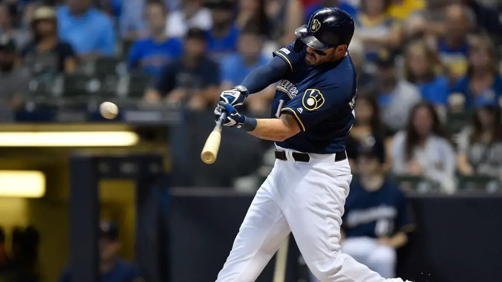 Milwaukee Brewers player Mike Moustakas bats against the Pittsburgh Pirates