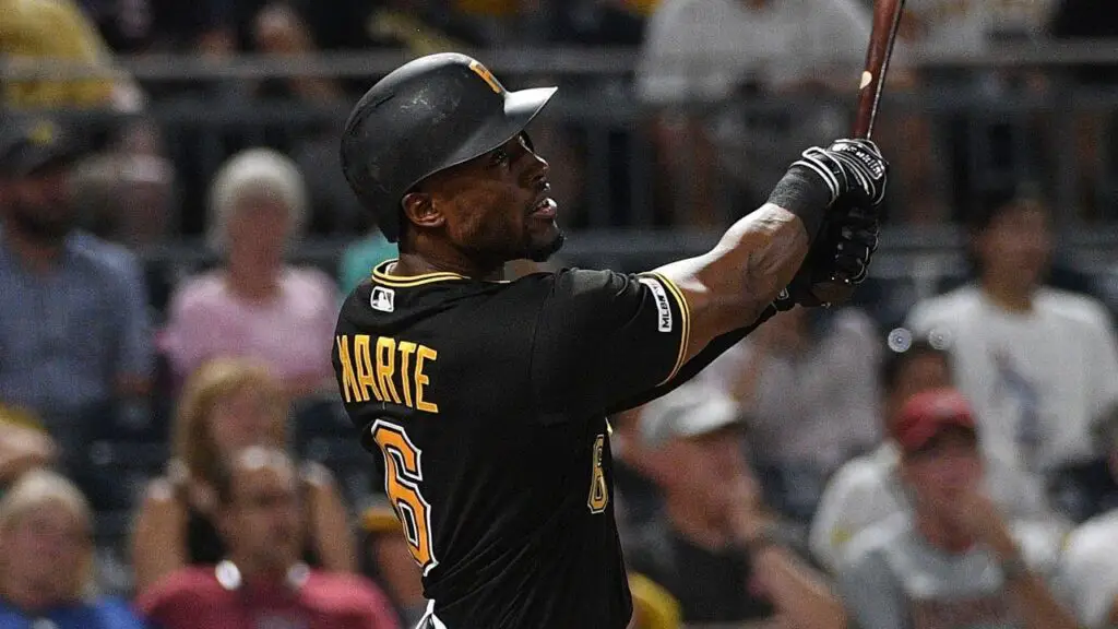 Former Pittsburgh Pirates player Starling Marte hits a three-run home run in the eighth inning during the game against the Washington Nationals