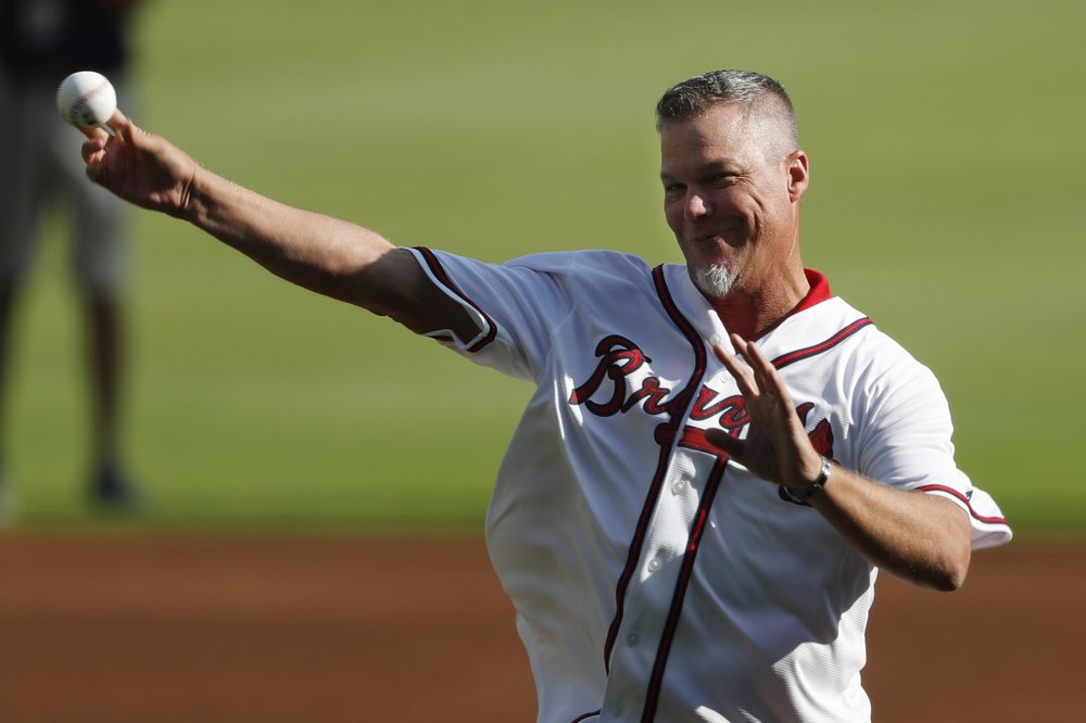 MLB Hall of Famer Chipper Jones throws the a ceremonial pitch ahead of Game 1 of a Best-of-five National League Division Series between the Atlanta Braves and the St. Louis Cardinals at SunTrust Park