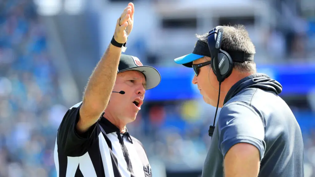 Former Jacksonville Jaguars head coach Doug Marrone speaks with a referee during their game against the Houston Texans
