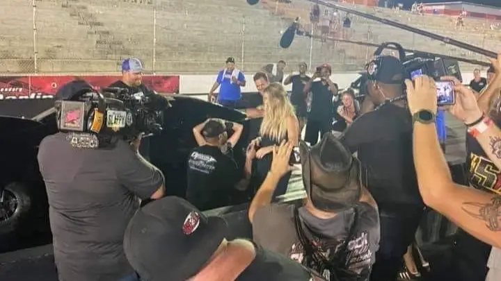 Street Outlaws competitor Kye Kelley proposes to his girlfriend Lizzy Musi at the conclusion of the Street Outlaws No Prep Kings Darlington event at Darlington Dragway