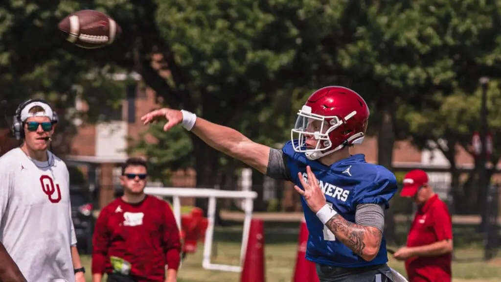 Oklahoma Sooners quarterback Spencer Rattler attempts a pass in practice