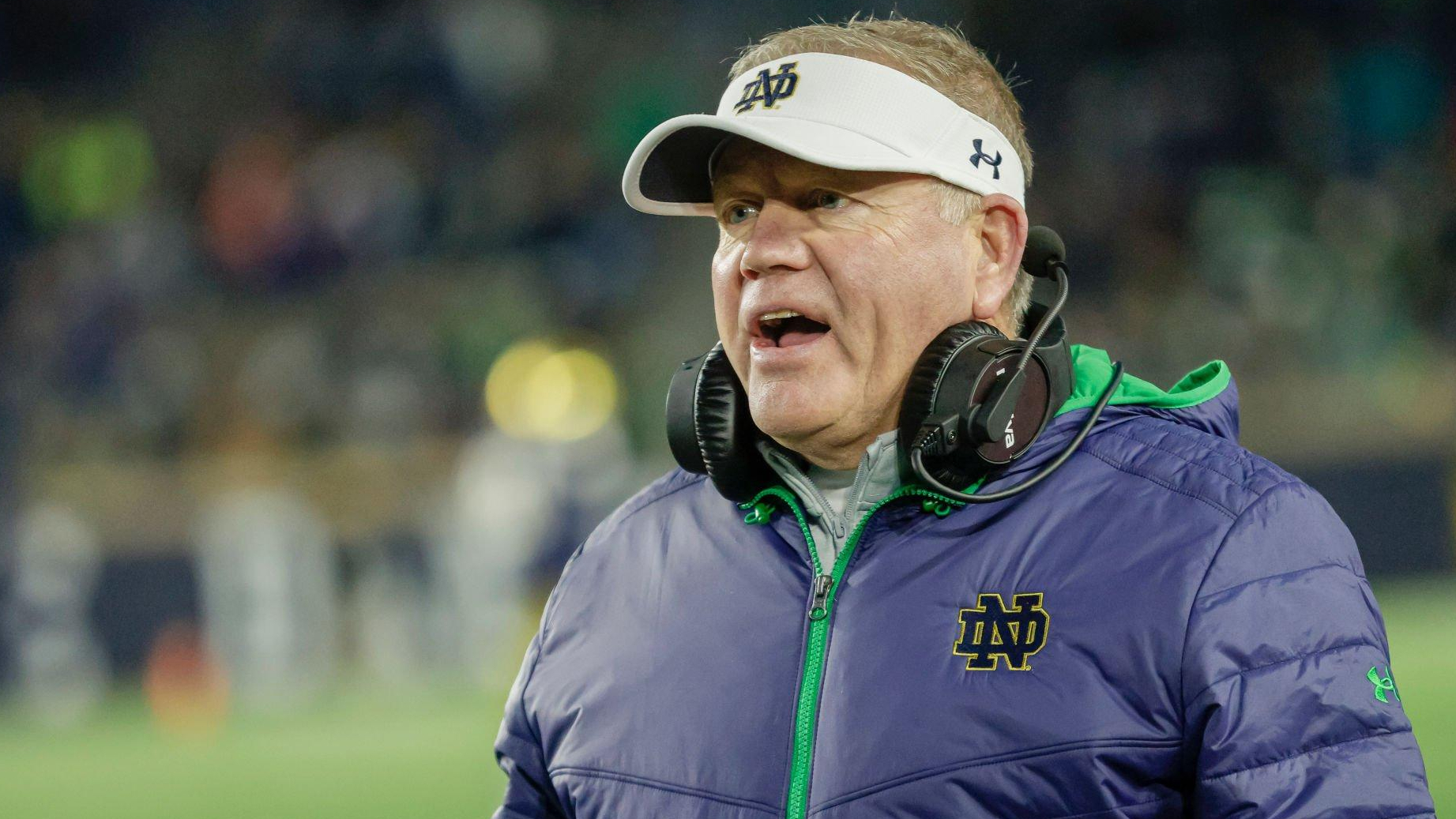 Former Notre Dame Fighting Irish head coach Brian Kelly is seen during the game against the Georgia Tech Yellow Jackets