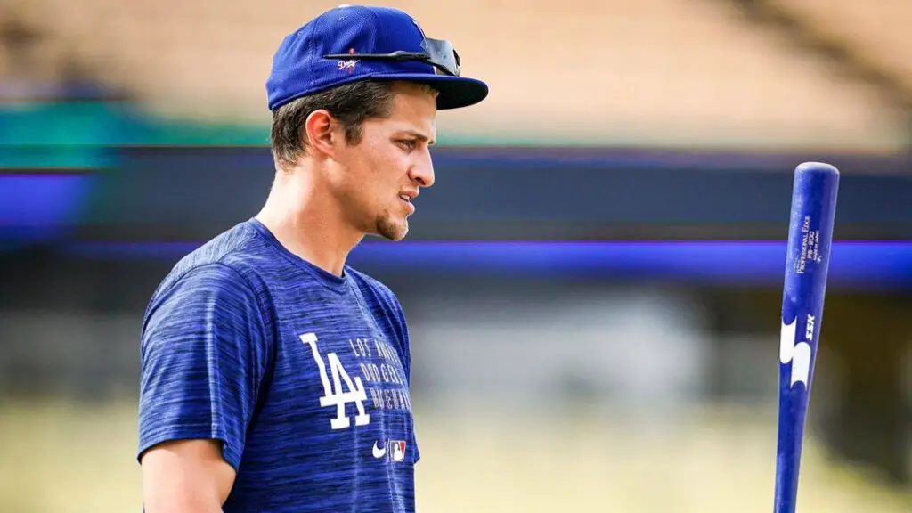 Former Los Angeles Dodgers shortstop Corey Seager has fun on the field before a game