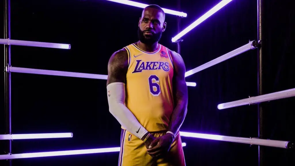 Los Angeles Lakers star LeBron James poses for a picture during the team's media day