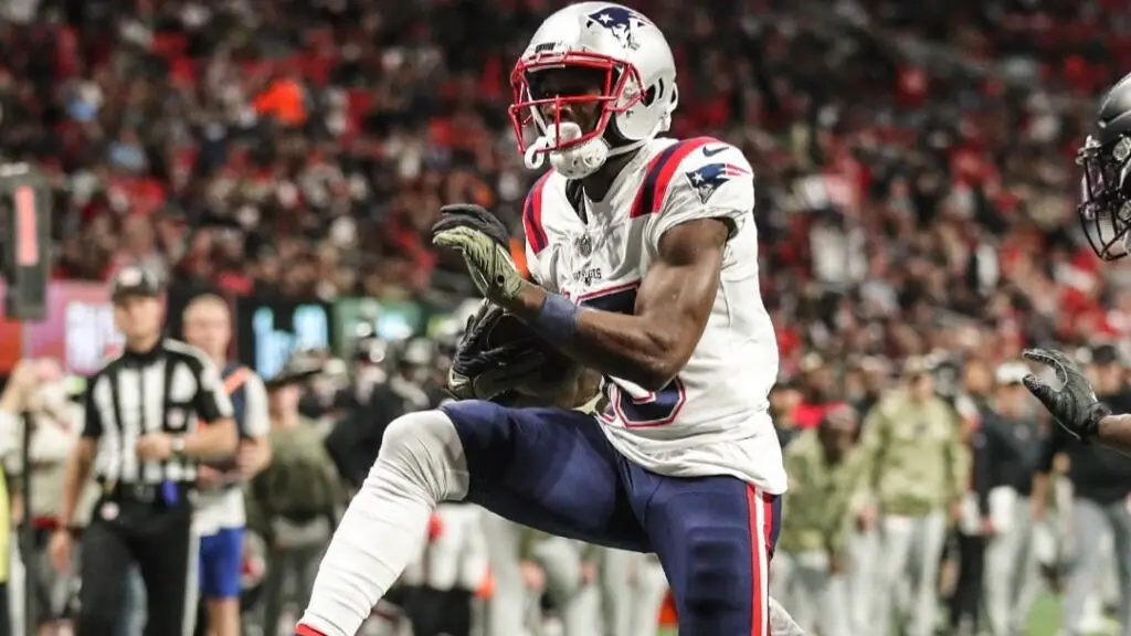 New England Patriots wide receiver Nelson Agholor celebrates a touchdown against the Atlanta Falcons