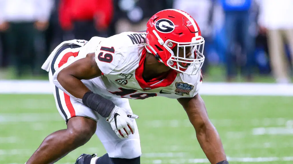 Georgia Bulldogs linebacker Adam Anderson gets ready to rush in a game against an unknown opponent