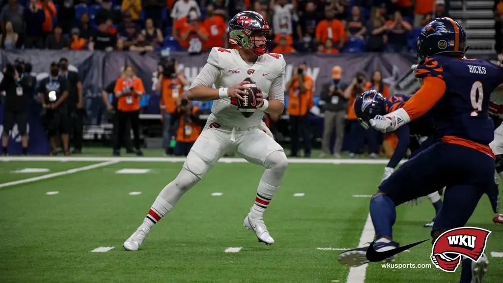 Western Kentucky quarterback Bailey Zappe attempts to throw a pass against the UTSA Road Runners in the Conference USA Championship game