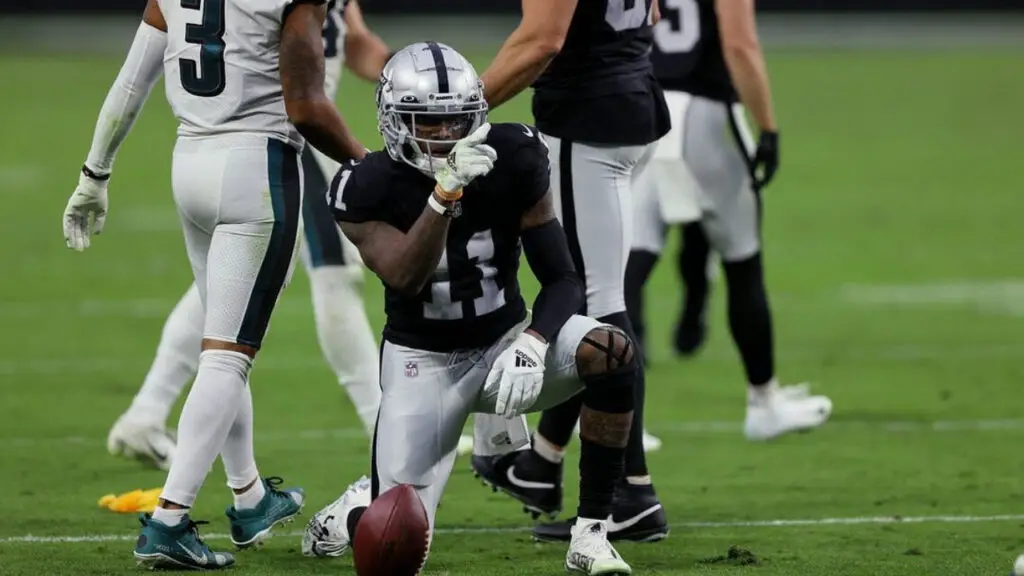 Former Las Vegas Raiders wide receiver Henry Ruggs III points following a first down against the Philadelphia Eagles