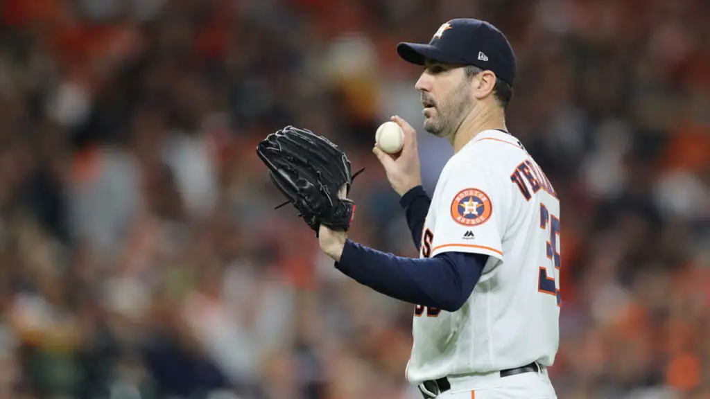 Houston Astros pitcher Justin Verlander reacts to a call in the sixth inning against the Boston Red Sox during the 2018 American League Championship Series