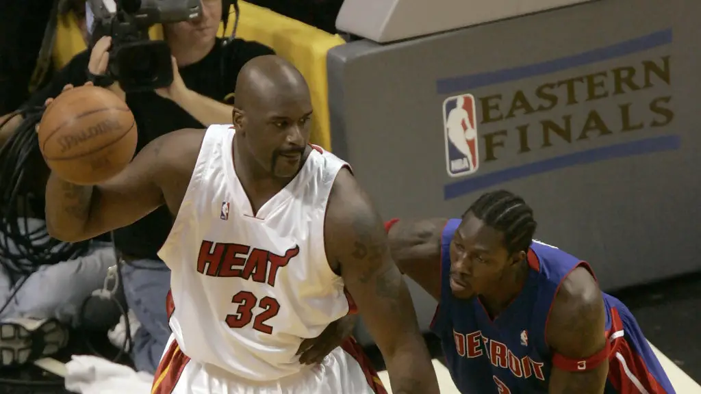 Former NBA player Shaquille O'Neal posting up Ben Wallace against the Detroit Pistons in the 2005 NBA Playoffs