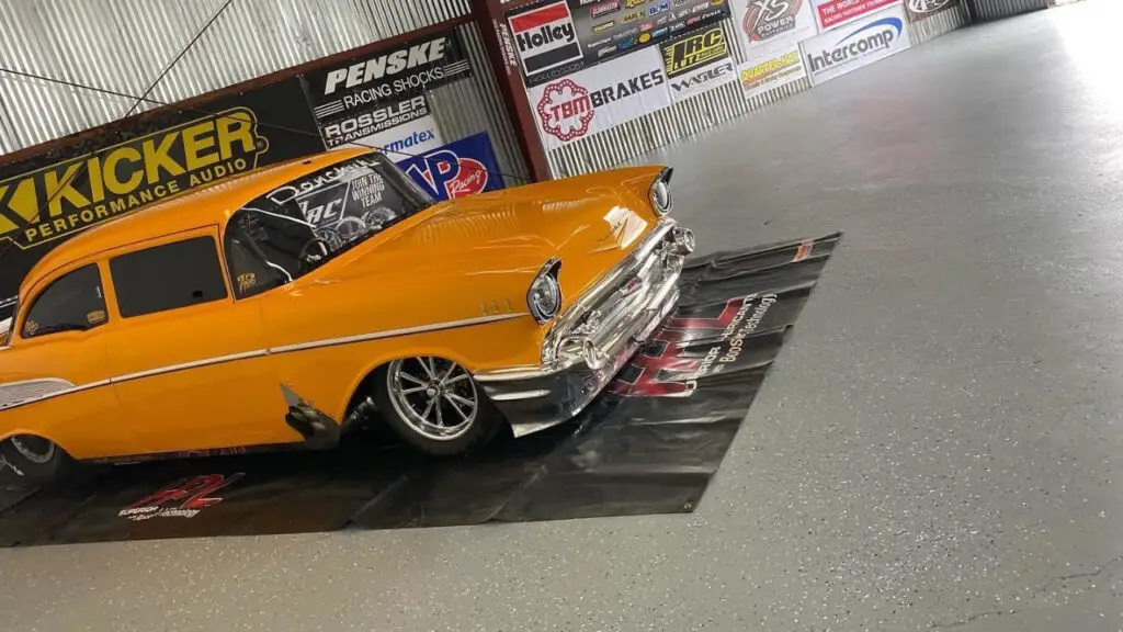 Street Outlaws driver Jeff Lutz’s beloved The 57 in a shop