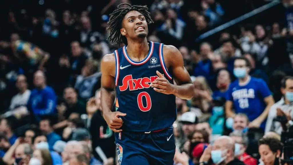 Philadelphia 76ers guard Tyrese Maxey runs up the court during a game