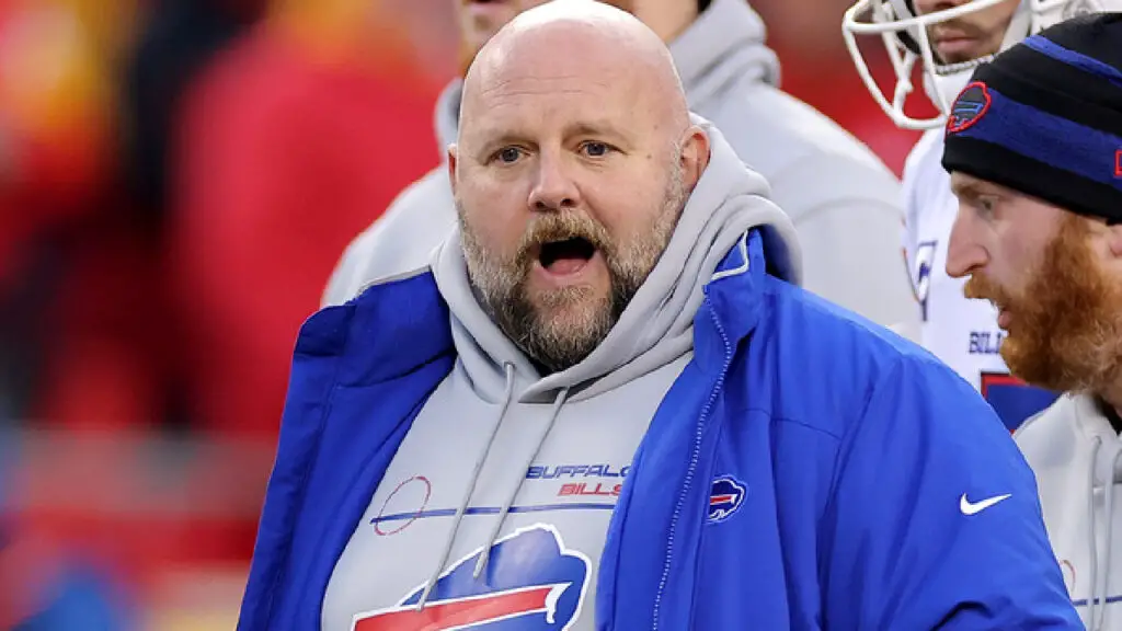 Buffalo Bills offensive coordinator Brian Daboll looks on prior to the AFC Divisional Round Playoff game against the Kansas City Chiefs
