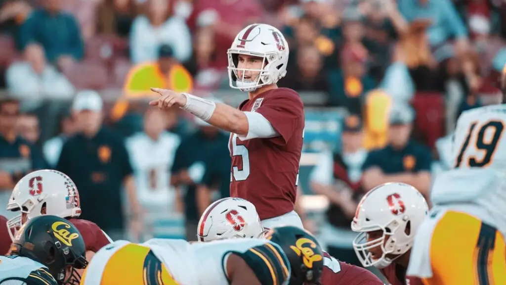 Former Stanford Cardinal quarterback Davis Mills drops back to throw the football against the Cal Bears 