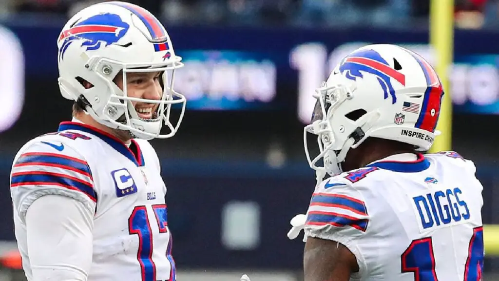 Buffalo Bills wide receiver Stefon Diggs celebrates with Josh Allen after a play