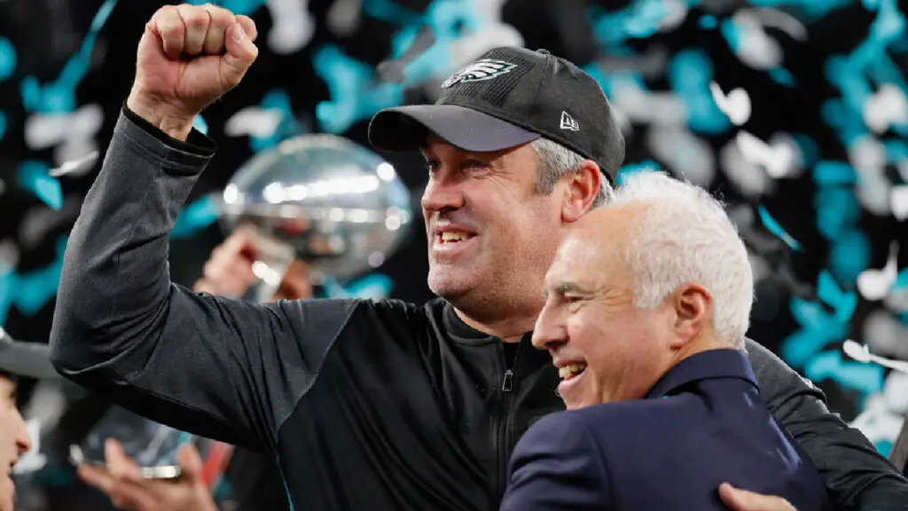 Former Philadelphia Eagles head coach Doug Pederson celebrates after winning Super Bowl LII against the New England Patriots