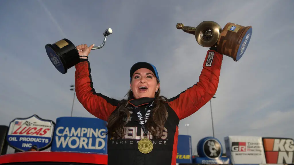 Elite Motorsports driver Erica Enders celebrates the 900th Pro Stock win after defeating Aaron Stanfield to win the 62nd annual Lucas Oil NHRA Winternationals presented by ProtectTheHarvest.com
