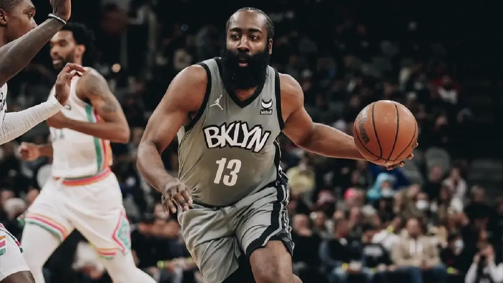 Former Brooklyn Nets superstar James Harden drives to the basket against the San Antonio Spurs