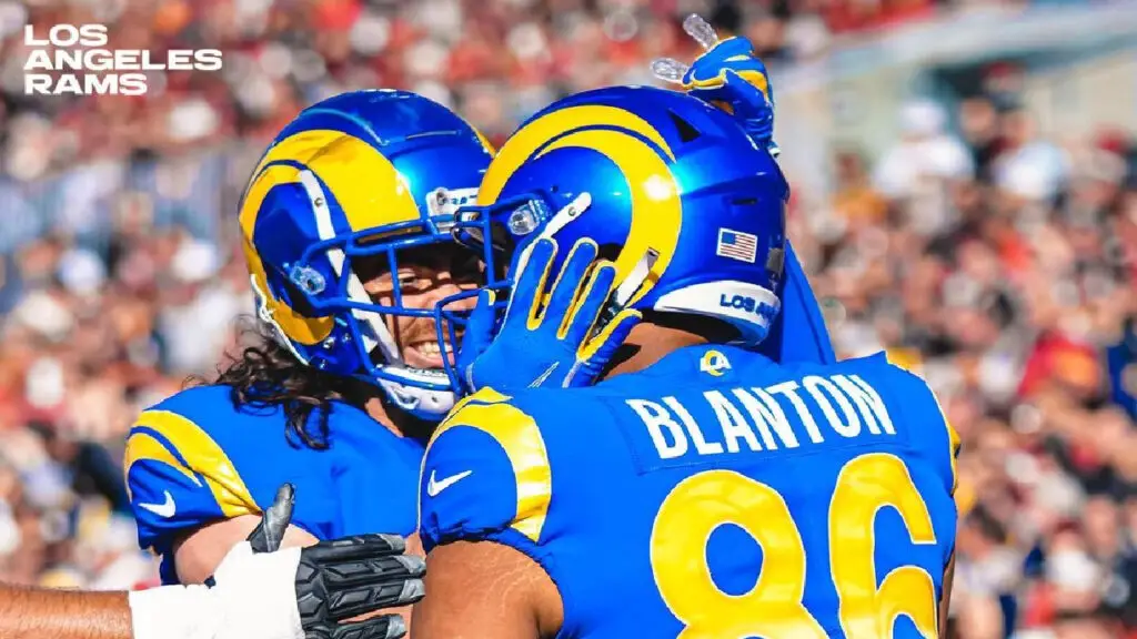 Los Angeles Rams wide receiver Kendall Blanton celebrates after scoring a touchdown against the Tampa Bay Buccaneers