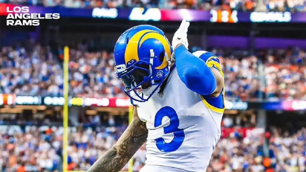 Los Angeles Rams wide receiver Odell Beckham Jr. celebrates after scoring a touchdown against the Cincinnati Bengals