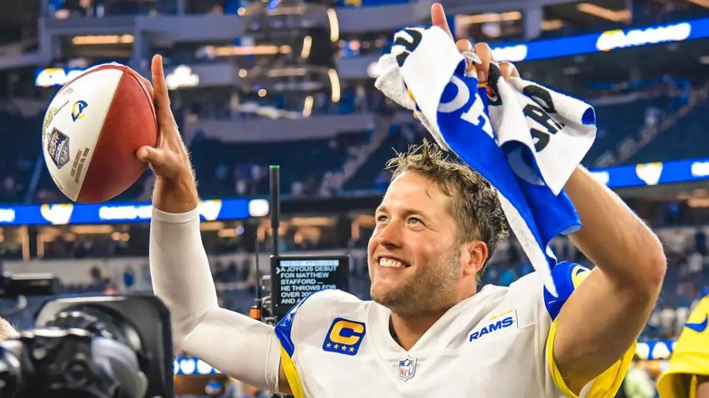 Los Angeles Rams quarterback Matthew Stafford is all smiles after a win on Sunday Night Football
