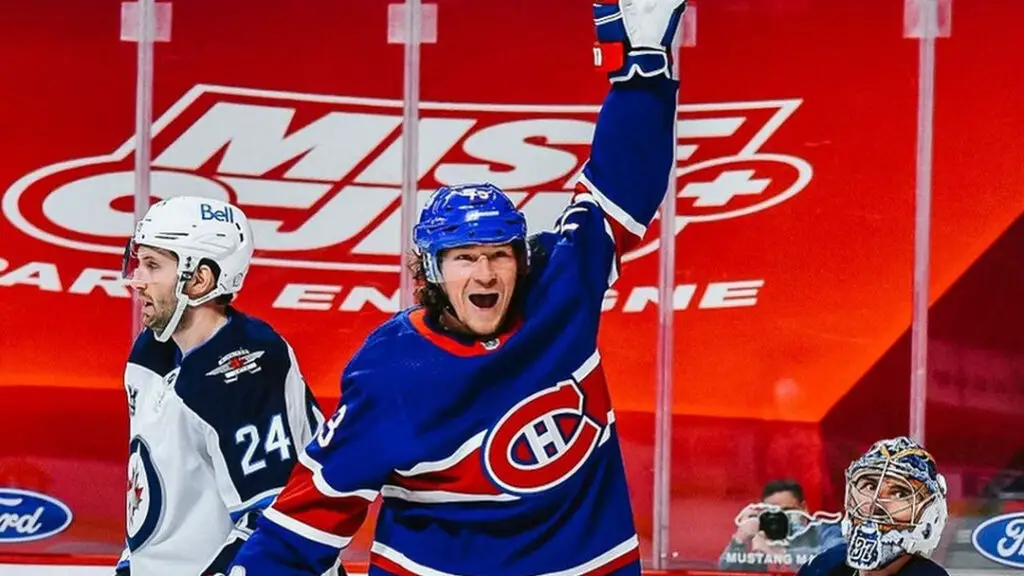 Former Montreal Canadiens right winger Tyler Toffoli celebrates after a goal against the Winnipeg Jets