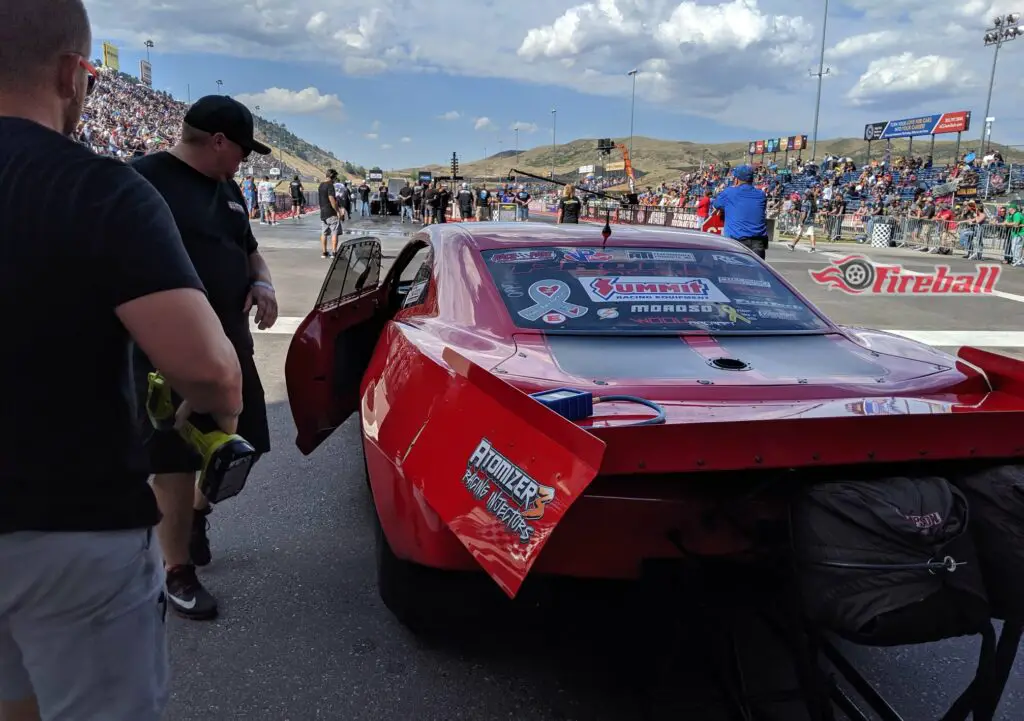 Street Outlaws No Prep Kings competitor Ryan Martin is in the staging lane waiting to make a pass at an invitational event 
